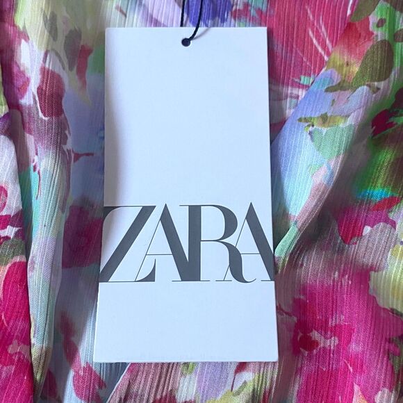 Zara Dress Womens S Multicolor Floral Satin Effect Tiered Mini Drawstrings NWT - Picture 13 of 16